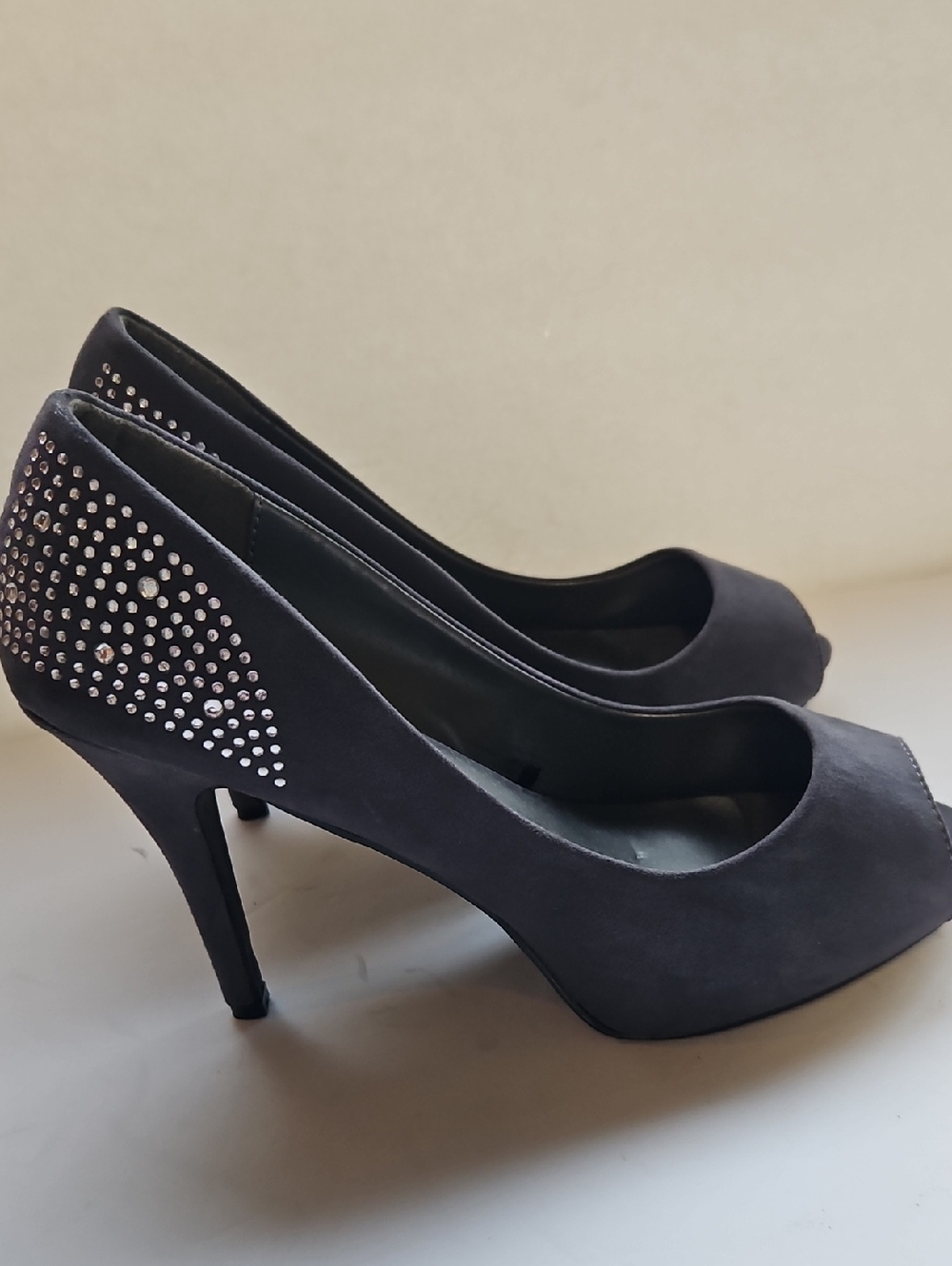 Suede Peep-Toe Heels with Crystal Accent in Dark Gray